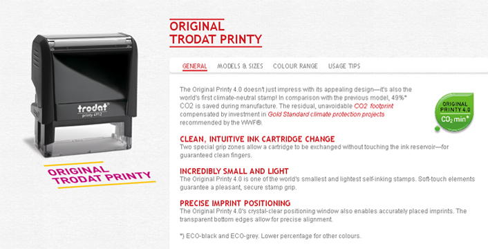 The Original Printy 4.0 doesn't just impress with its appealing design, it's also the world's first climate-neutral self inking stamp! Compared to its previous model, 49%* CO2 is saved during manufacture.  